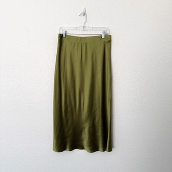 [Serenity] Olive Green Elastic Waist Pull On Silk Satin Midi Slip Skirt NWT XL - Picture 2 of 12